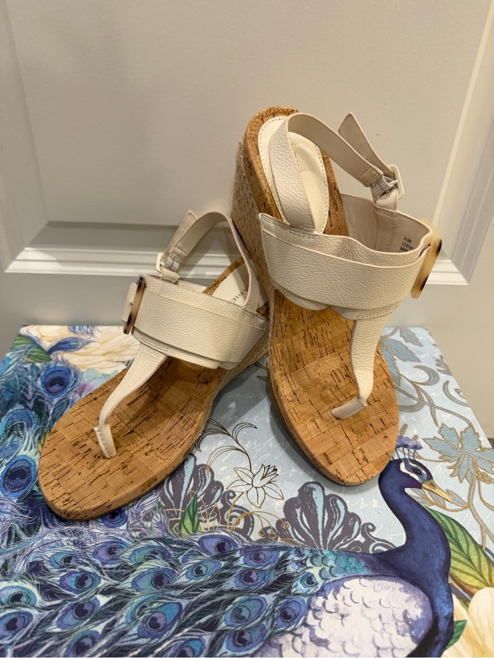 Alex Marie Bonnell Leather Cork Wedge Sandals Ivory 8.5M